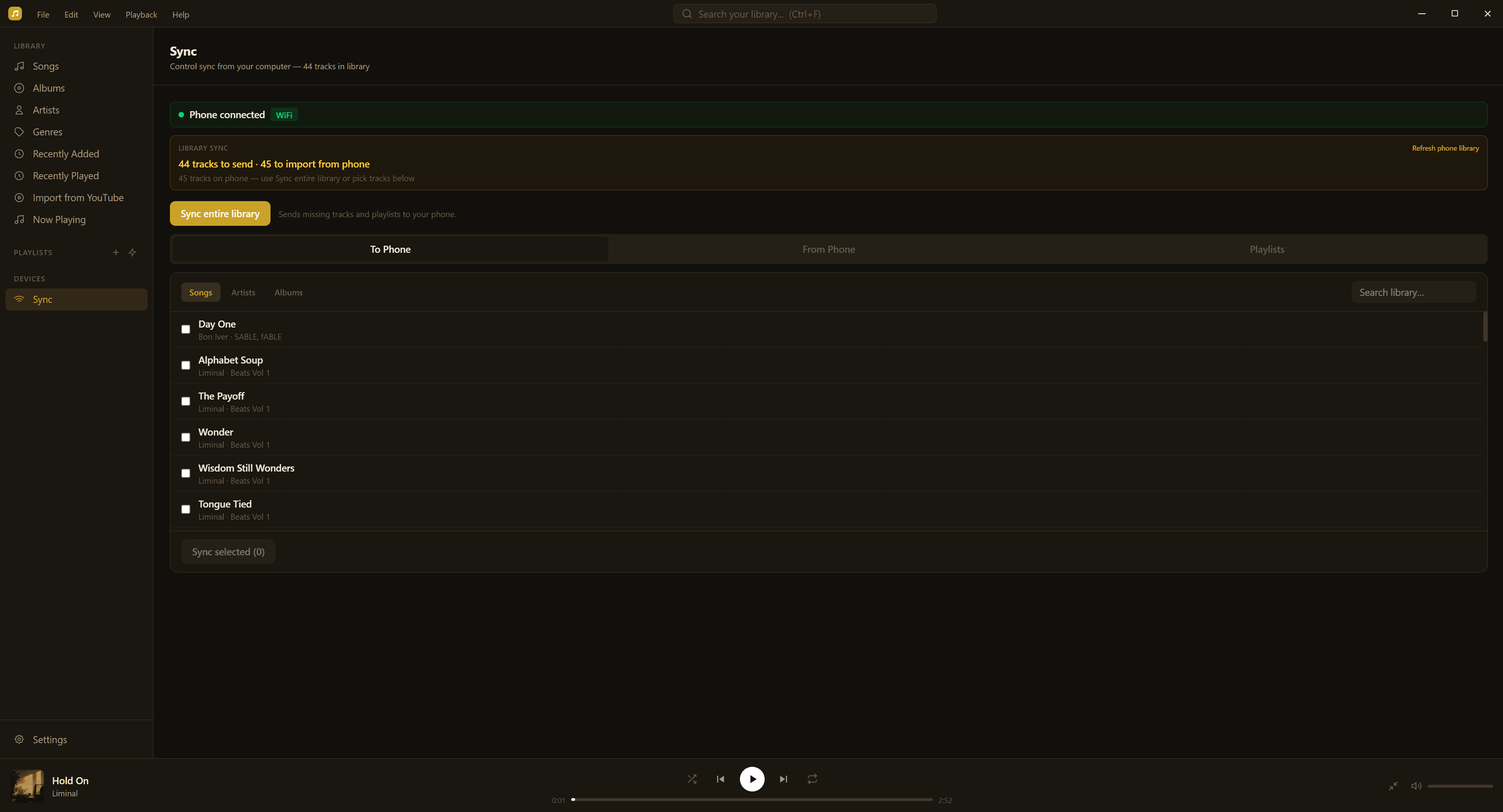 Desktop — Sync hub (phone coming soon)